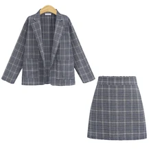 Женский костюм с юбкой, элегантный офисный женский костюм, клетчатый блейзер с длинным рукавом, ретро-костюмы, пальто, карманы, пиджаки, формальный комплект с юбкой