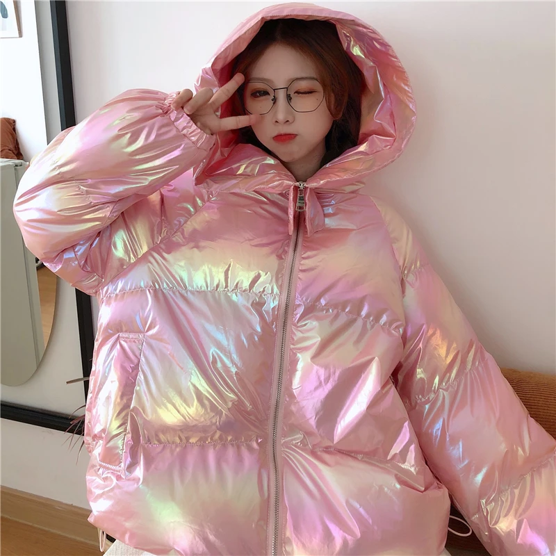 pink Neploe, модное лазерное зимнее пальто с капюшоном, женские корейские свободные парки с капюшоном, новинка, Корейская куртка на молнии с длинным рукавом, верхняя одежда 56307 - Цвет: pink