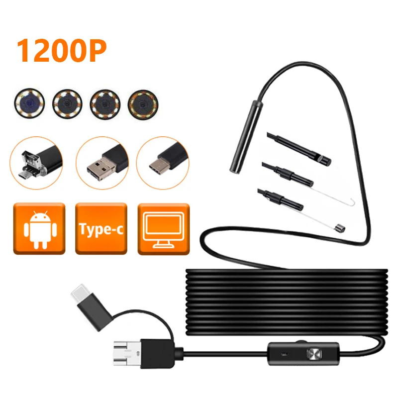 Cámara endoscópica Flexible e impermeable, boroscopio de inspección de 1-10M, 8LED, 1200P, 8mm, para teléfono Android, PC, Notebook, cámaras USB