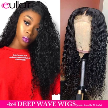 

eullair 4x4 Deep Wave Lace Closure Wig Hair Pre Plucked Remy Lace Wig Human Hair Wigs For Black Women 150/180 Density 10-26"