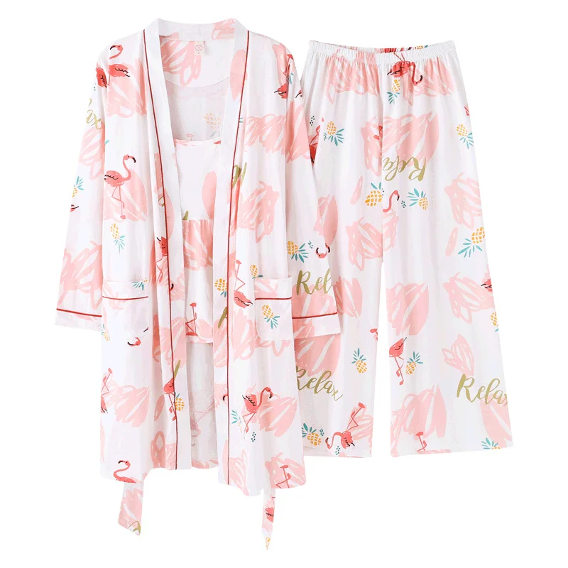 BZEL New 3 Pieces Robe&Gown Sets Sleepwear Pajama Set Cotton Flamingo Dressing Gowns Female Lounge Set Night Set Plus Size XXXL - Цвет: 001