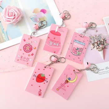 

1 Pcs Cute Pink Strawberry Magical Wand Girls Plastic Card Holders Credit ID Card Cover Case Student Bell Keychains Stationery