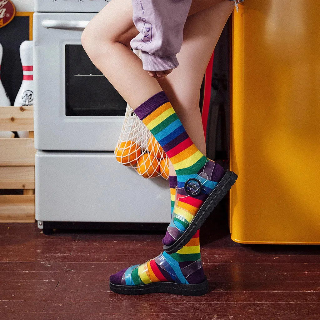 Women's Rainbow Striped Pile Of Socks In The Tube Casual Cotton Socks Girl Fashion Elasticity Candy Color Fashion NEW