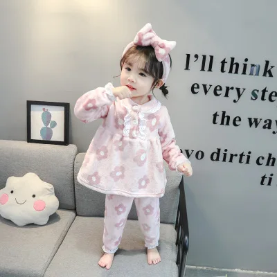 Новая детская одежда для детей 2-6 лет, пижамы для маленьких девочек, детский фланелевый домашний костюм с цветочным принтом(повязка на голову - Цвет: Розовый