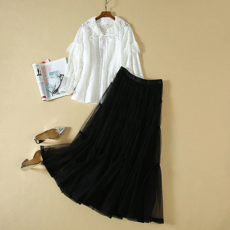 Высокое качество Новая мода подиум дизайнерский костюм Женская кружевная Лоскутная Блузка Топ газовая длинная юбка комплект