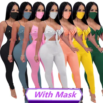 

Women Ribbed Jumpsuits Mask Spaghetti Strap Crop Top Skinny Long Pants Ribbed Bodysuit Casual Raised Lines Pattern Jumpsuit