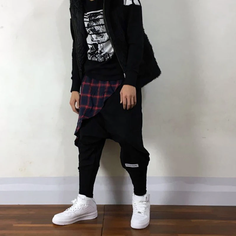 Streetwear Hip Hop Men Scottish Plaid Patchwork Harem Pants British Style Mens Loose Jogger Pants Punk Pantskirt drop crotch harem pants