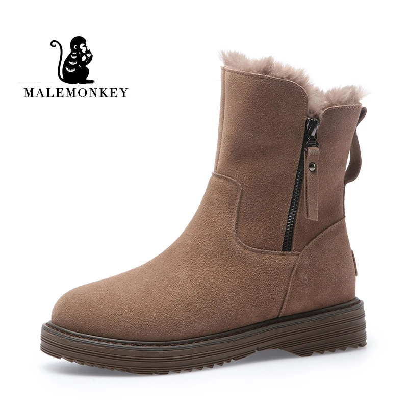 MALEMONKEY/Роскошные брендовые дизайнерские женские ботинки; Новинка года; зимние ботинки; Botas Mujer; Зимние Теплые ботильоны из замши с искусственным мехом - Цвет: Коричневый