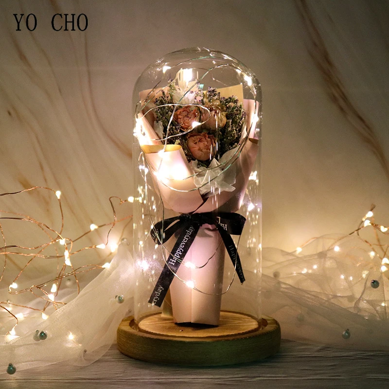 YO CHO сушеная роза мини-букет в стеклянной крышке светодиодный светильник-гирлянда сухая роза свадебный декор комнаты день святого валентина рождественский подарок