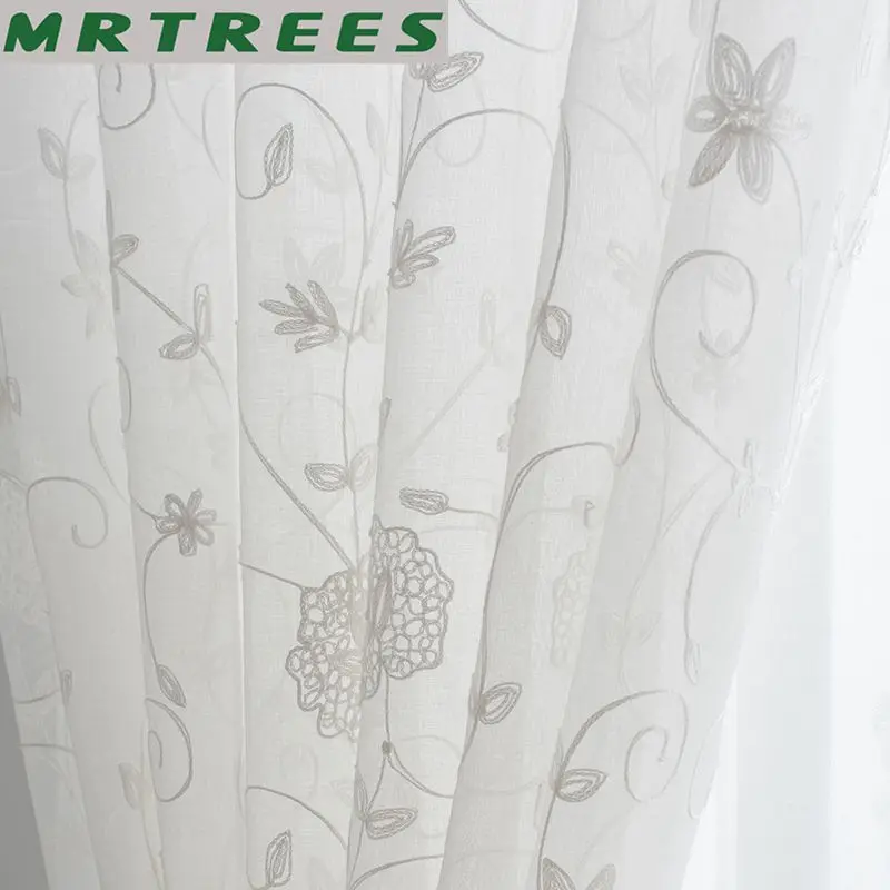 MRTREES Белый лен вышитые Sheer гардины тюль для Гостиная Спальня Кухня вуаль шторы
