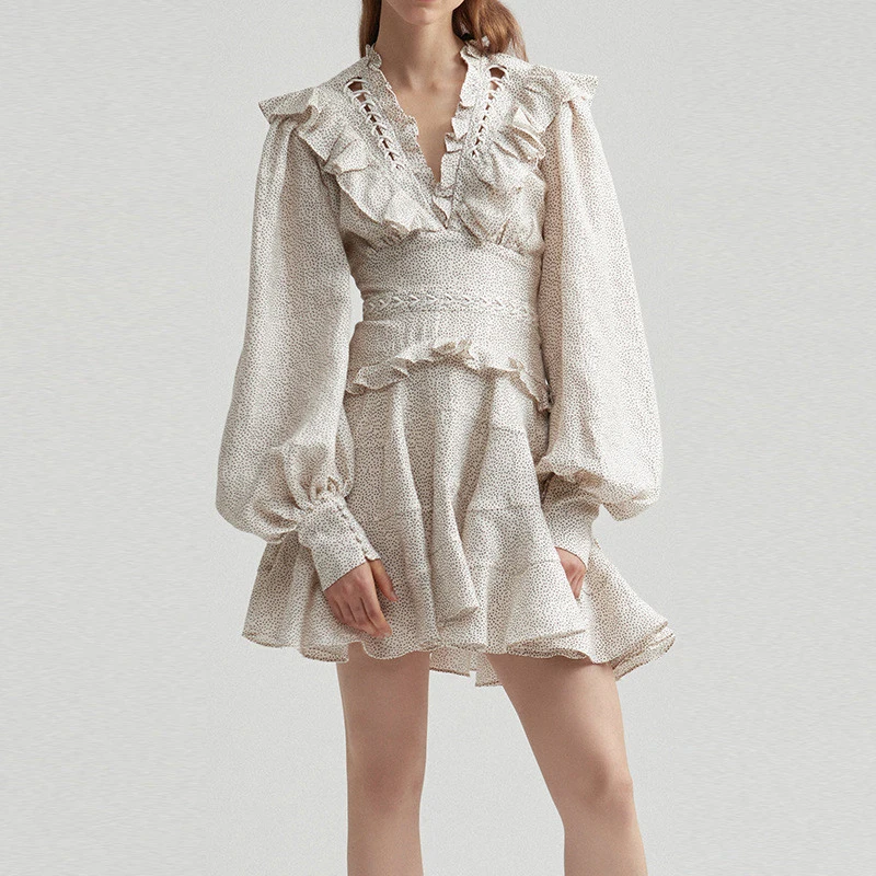 

Autumn Arrival Print Ruffles Woman Mini Dress V-Neck Long Sleeve Hollow Out High Waist Backless Elegant Dress Party Vestidos