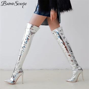 

Buono Scarpe Sexy Female Brand Women Shining Boots Knee High Boots Silver Super High Heel Knight Boots Lady Stiletto Thigh Boots