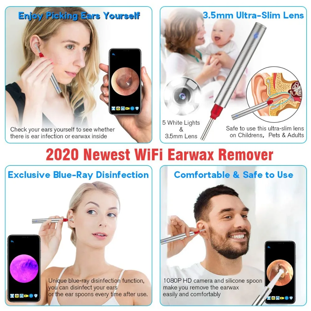 New 5MP Wifi Ear Wax Cleaner Otoscope UV Sterilizer 3.9mm Wireless Visual Nasal Endoscope Camera for ISO Android Device 3