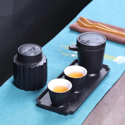  Ceramic Tea Set Double Insulation Stoneware Hand Grip Pot Teacups Tray Tea Can Set Bag Portable Bag