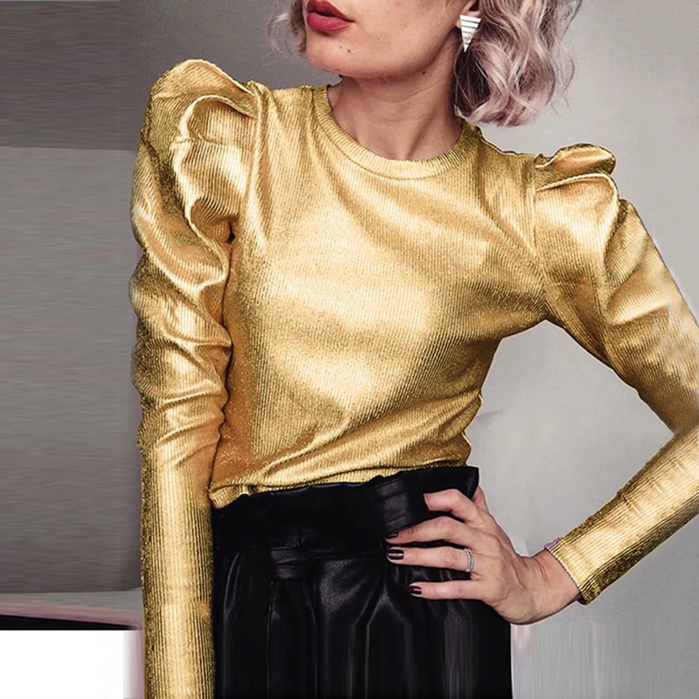 Золотая Бархатная блузка с длинными рукавами Повседневная рубашка Женская