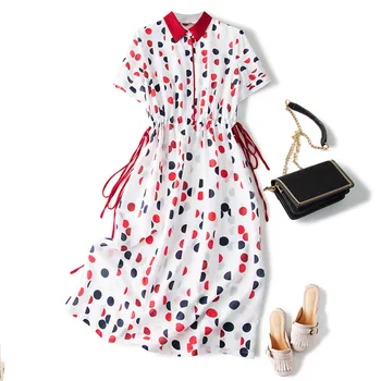

Tcyeek Summer Real Silk Dress Women Vintage Long Vestidos 2020 Korean Elegant Polka Dot Dresses Office Ladies Belt Dresses A4159