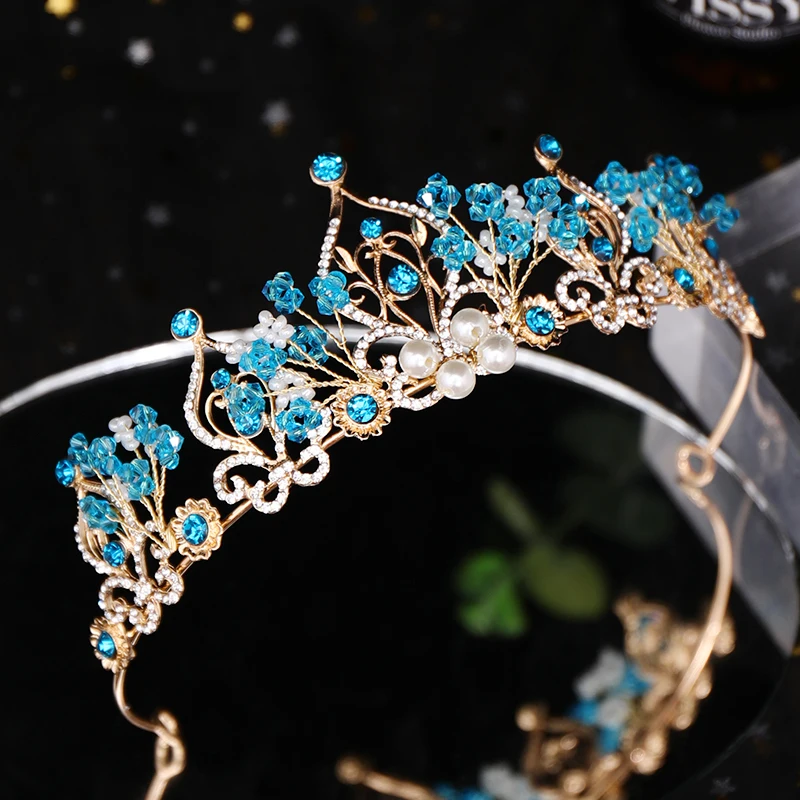 AiliBride Princess Crown Flower Pearl Blue Crystal Bridal Diadem Wedding tiara Headpiece Hair Jewelry Wedding Hair Accessories