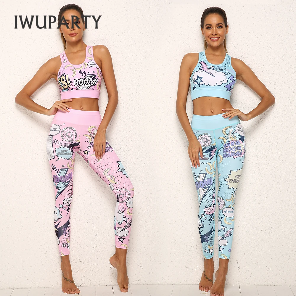 IWUPARTY 2 Piece Cute Pink Printing Yoga Set Women Workout Gym Outfit