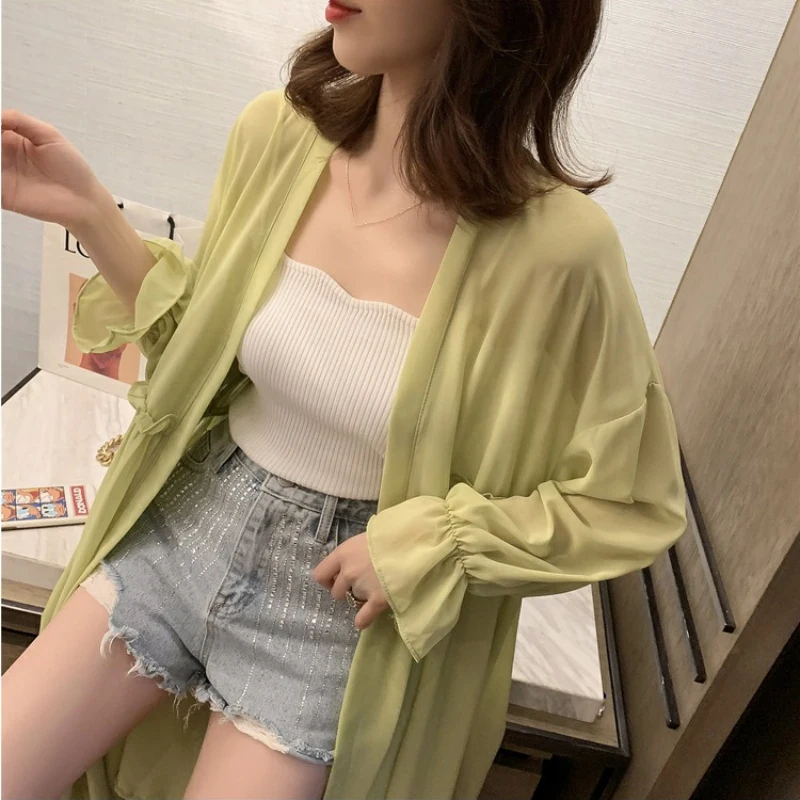 

Women Summer Cardigan Solid Color Open Front Long Section Thin Horn Sleeve Chiffon Sun Protection Tops Beach Cardigan