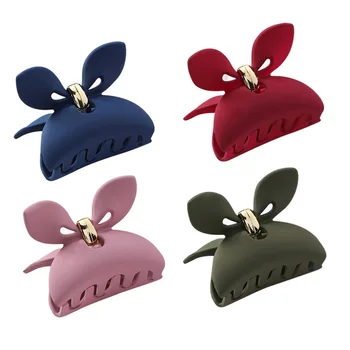 

4PC Female Bow Resin Grip Clips Cute Solid Color Matte Rabbit Ears Hair Clips Wild Basic Hair Accessories Large Size (Random Col