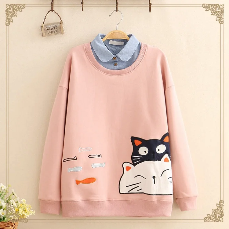 3 цвета, милый мультяшный Кот, вышивка, Kawaii, имитация двух частей, толстовка с капюшоном, свитер с круглым вырезом, пуловер, топ, повседневная женская одежда с длинным рукавом