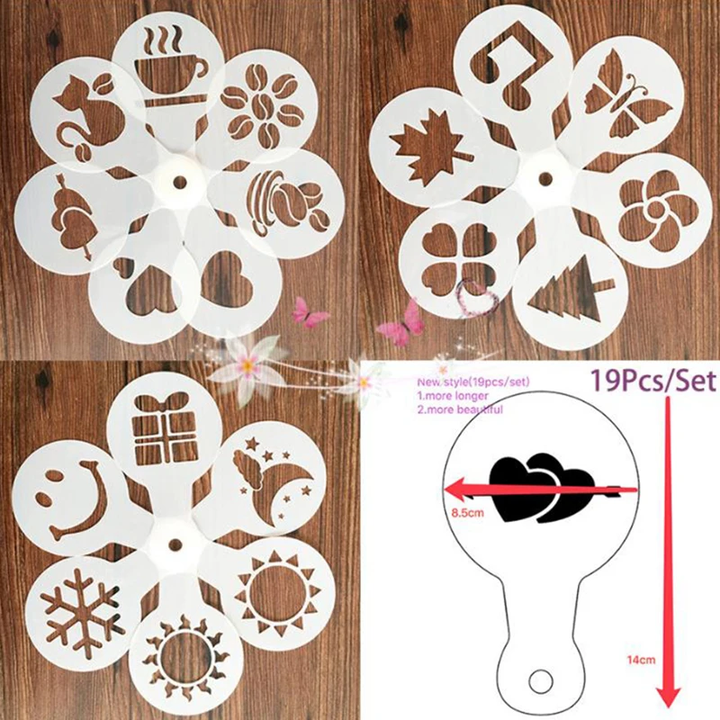 New 19 Pcs/set Fancy Coffee Printing Model Foam Spray Cake Stencils Drawing Cappuccino Mold Powdered Sugar Sieve Tools | Дом и сад