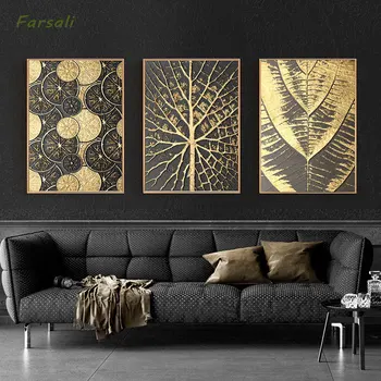 

Wall Decorative Painting Posters and Prints Wall Art Canvas Painting Abstract Golden Leaf Pictures for Living Room No Frame