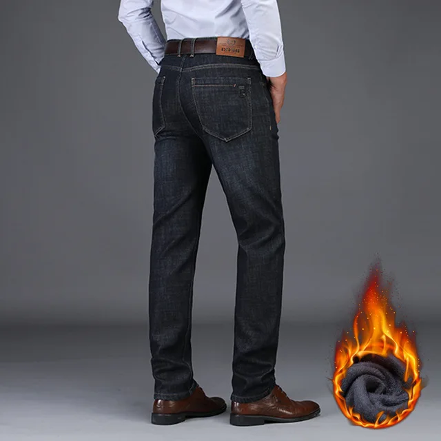 Brand Jeans Men Warm Winter Straight Fleece Pants Male Classic Business Casual Long Trousers Big Size 29-42 Black High Quality - Цвет: Черный