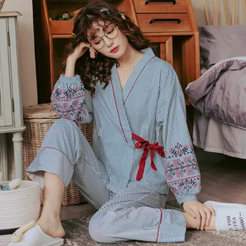 

summer thin 100kg pure cotton stripe suit Japanese kimono spring and autumn household Large size long sleeve pajamas women's