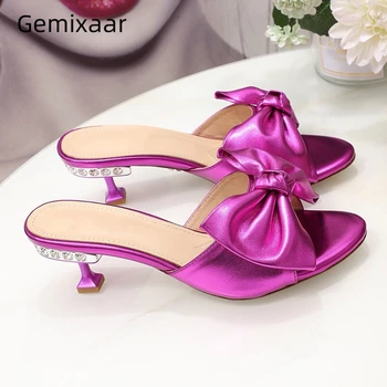 

Sweet Summer Jeweled Goblet Heel Slippers Women Genuine Leather Sexy Open Toe Big Butterfly-knot Runway Shoes Woman