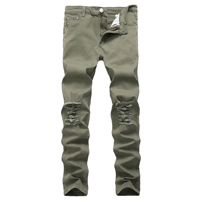 Army Green 1 шт., прямые джинсы, новинка, мужские джинсы, Стрейчевые брюки, повседневные штаны, мужские рваные джинсы, одноцветные мужские джинсы, модные хлопковые джинсы - Цвет: Army Green