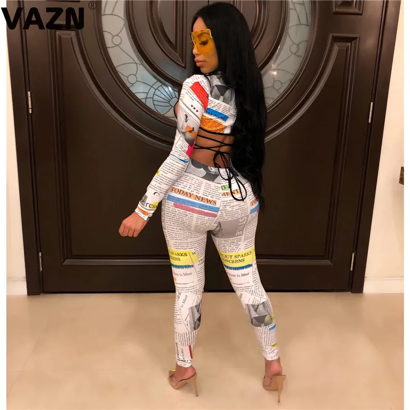 VAZN FM1197 новые необычные выдалбливают Открытый Сексуальный Модный Крест повязки письмо полный рукав женские длинные брючные комбинезоны