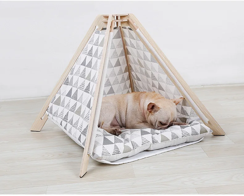 Doglemi Nature Canvas Pet Teepee Tent Wood Tipi Dog Cat House