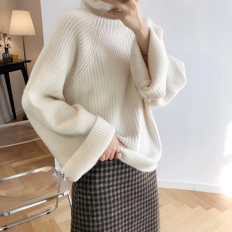 CamKemsey Winter Women Harajuku Knitted Sweaters Autumn Lazy Loose Thicken Turtleneck Sweaters And Pullovers - Цвет: Beige