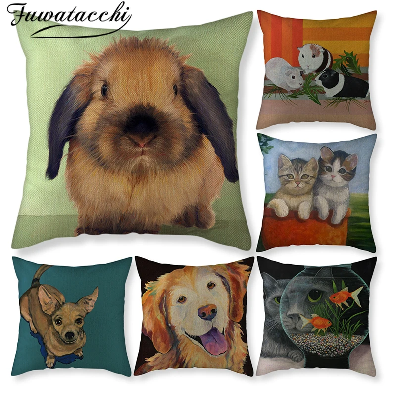 

Fuwatacchi Pure Linen Cushion Cover Pet cats and dogs Pattern Pillow Cover for Home Chair Sofa and Car Decorative Pillowcases