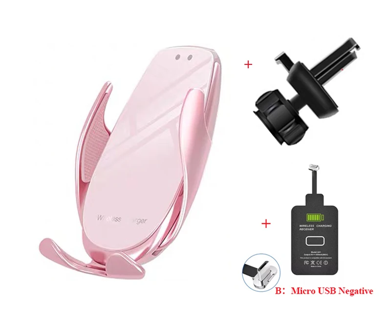 QI 15W Fast Wireless Car Charging Pink White Mount for iphone Base Car Holder Portable Wireless Induction Charger C Type Cable - Цвет: Micro USB Negative