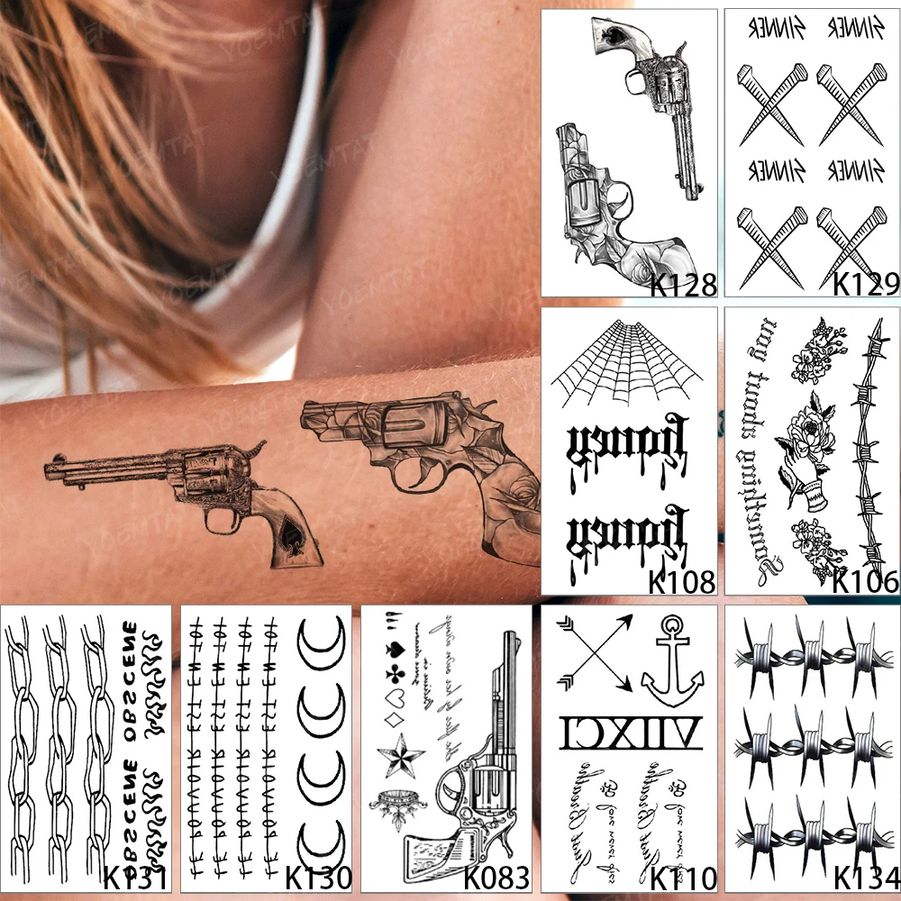 

9pcs/Lot Waterproof Temporary Tattoo Sticker Gun Nail Flame Black Word Chain Flash Tatoo Woman Arm Body Art Fake Tatto Man Child