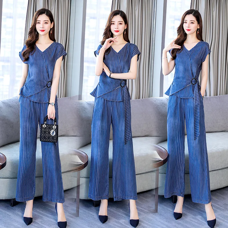 

2019 Summer New Style WOMEN'S Dress Elegant Slimming Western Style Wide-Leg Trousers Two-Piece Set Fashion Cowboy Stripes WOMEN'