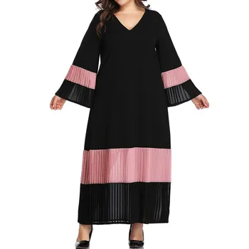 

Fashion Women Casual Plus Size V-Neck Color Block Long Sleeve Loose Long Dress Chiffon Dress Wholesale Free Ship платье Z4