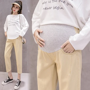 

2001# 2020 Spring Fashion 9/10 Denim Maternity Straight Jeans Adjustable Belly Pants Clothes for Pregnant Women Loose Pregnancy