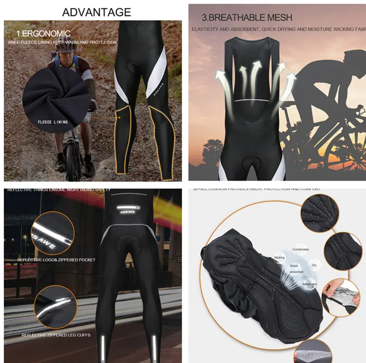 WOSAWE Reflective Cycling Pants Men Gel Pad Outdoor Sports Riding Long Trousers Bicycle MTB Bike Racing Tights Cycle Clothing