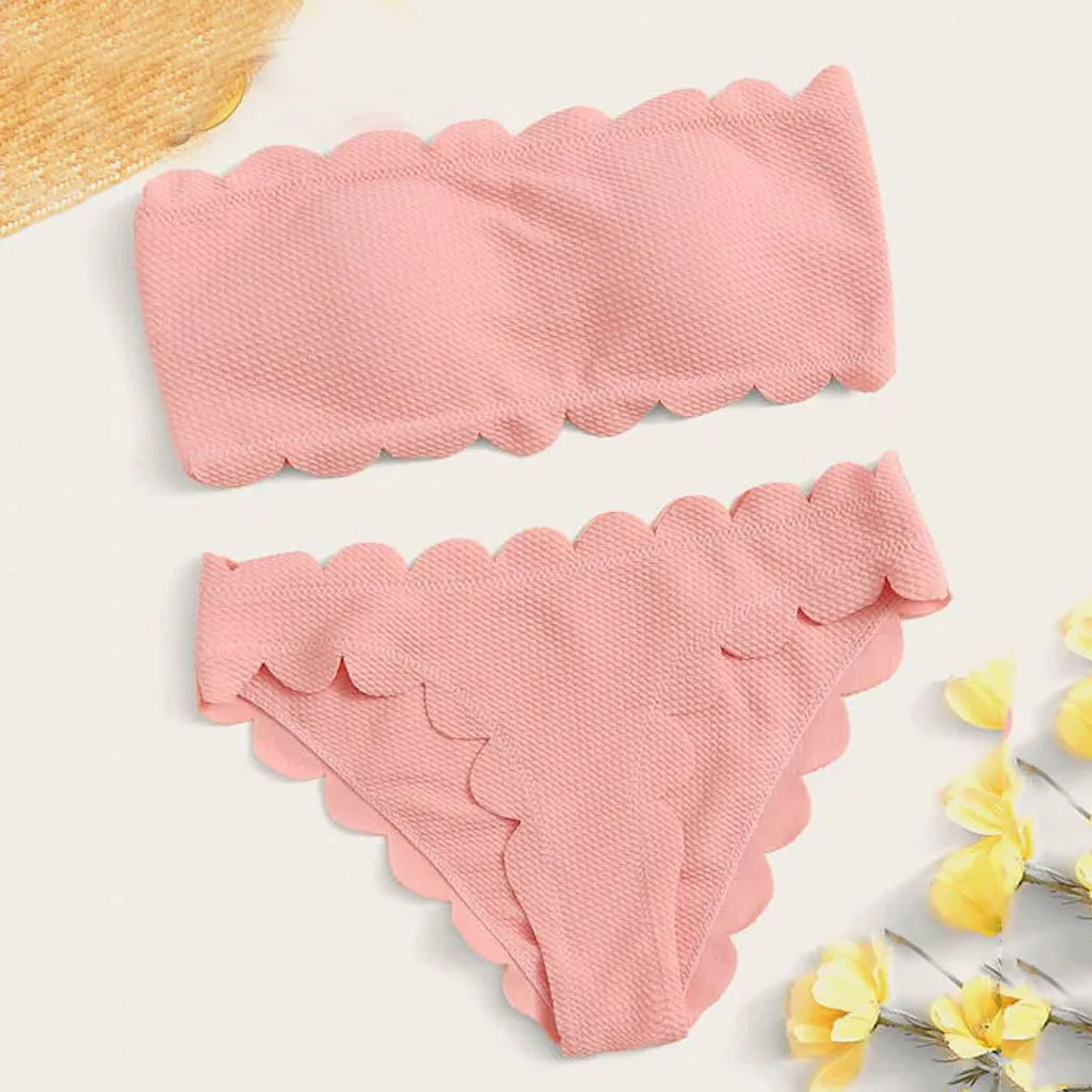 

JAYCOSIN New Solid Color Tube Top Swimwear Women Wavy Bikini Beach Bath Swimsuit Sweet Small Fresh Cute Bikini Sexy New Fashion