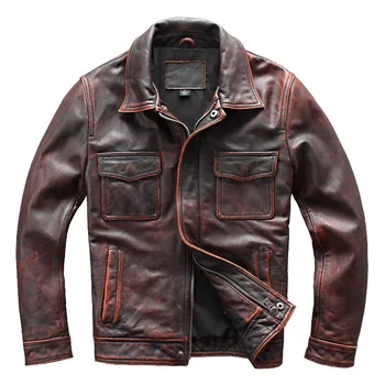 2018 새로운 패션 남성 정품 가죽 재킷 두꺼운 소 가죽 슬림 맞춤 재킷 S-4XL 무료 배송