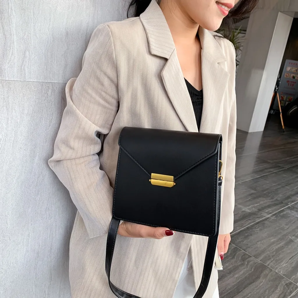 

Solid Color Black Leather Covered Shoulder Bag Elegant Women Handbag Exqusite Girl Mobile Phone Bag Simple Style Mochila #T