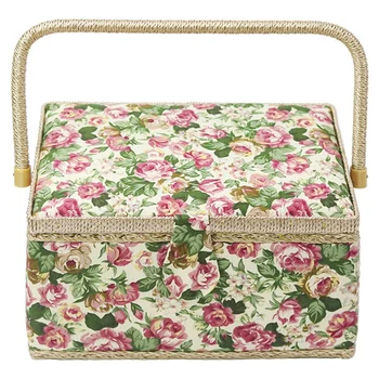 

Sewing Basket With Rose Floral Print Design- Sewing Kit Storage Box With Removable Tray, Built-In Pin Cushion And Interior Pocke