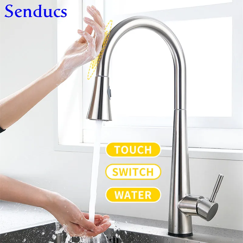 

Smart Touch Faucet Senducs Pull Out Kitchen Faucet SUS304 Stainless Steel Sensor Kitchen Mixer Tap Touching Brushed Kitchen Tap