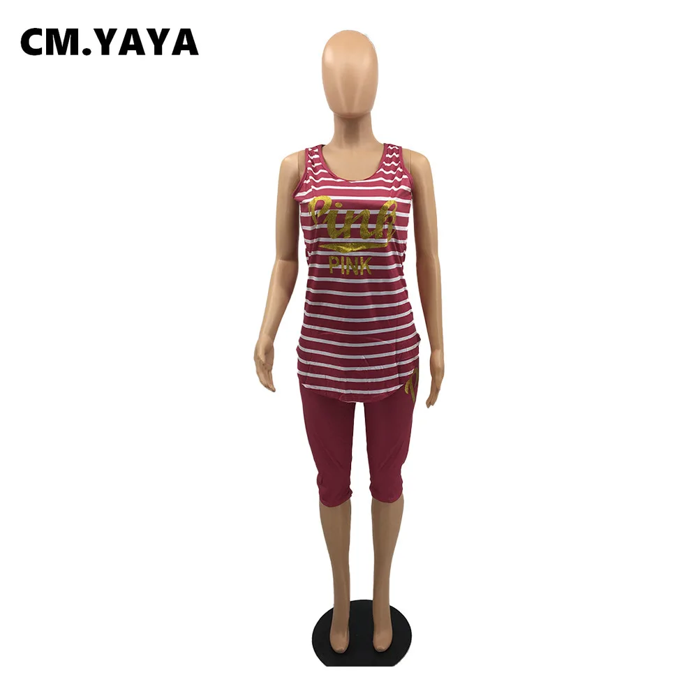 CM.YAYA Women Sets Summer Tracksuits Striped Pink Print Sportswear Tops Knee Length Pants Suit Two Piece Set Street 2Pcs Outfits