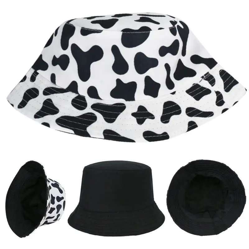 Japanese Women Men Summer Bucket Hat Black White Dairy Cow Print Personality Student Outdoor Sunscreen Reversible Fisherman Cap