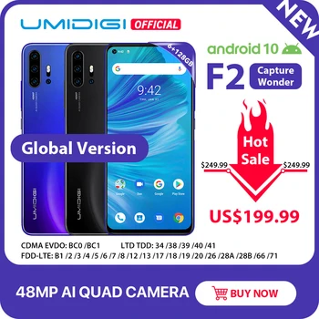 Перейти на Алиэкспресс и купить UMIDIGI F2, Android 10, глобальная версия, 6,53 дюймFHD + 6 ГБ 128 ГБ, 48-мегапиксельная AI четырехъядерная камера, 32-мегапиксельная селфи Helio P70 сотовый телефон, 5150 ...
