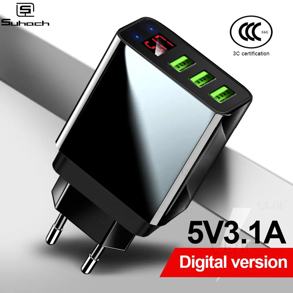 

Suhach 3 USB Charger for iPhone X 7 Samsung Huawei Xiaomi LED Display Smart EU US UK Plug Adapter 3.1A Wall Mobile Phone Charger